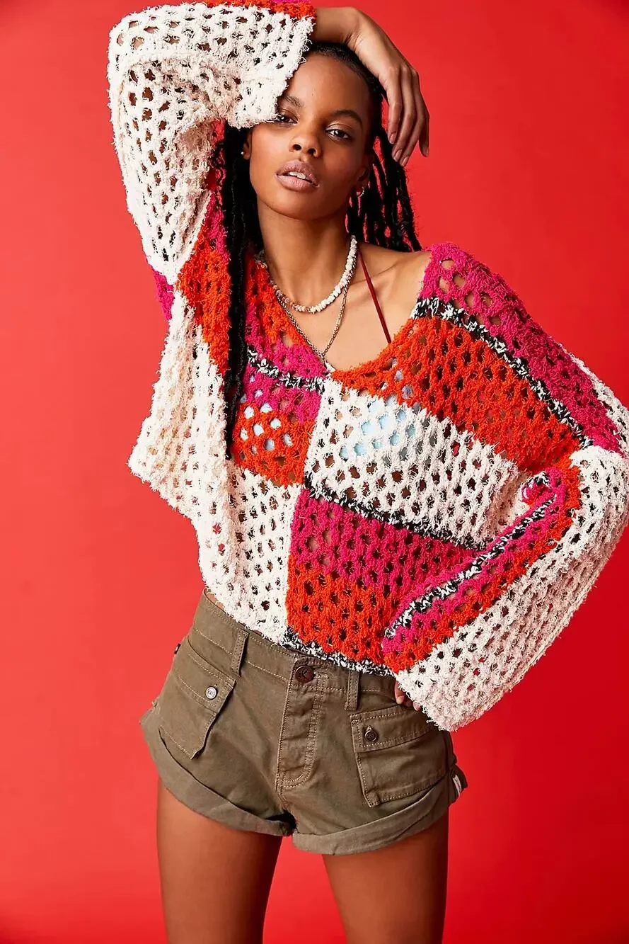 Free People Sail Away Sweater Open Knit Crochet Pullover Pink Red Cream Size S